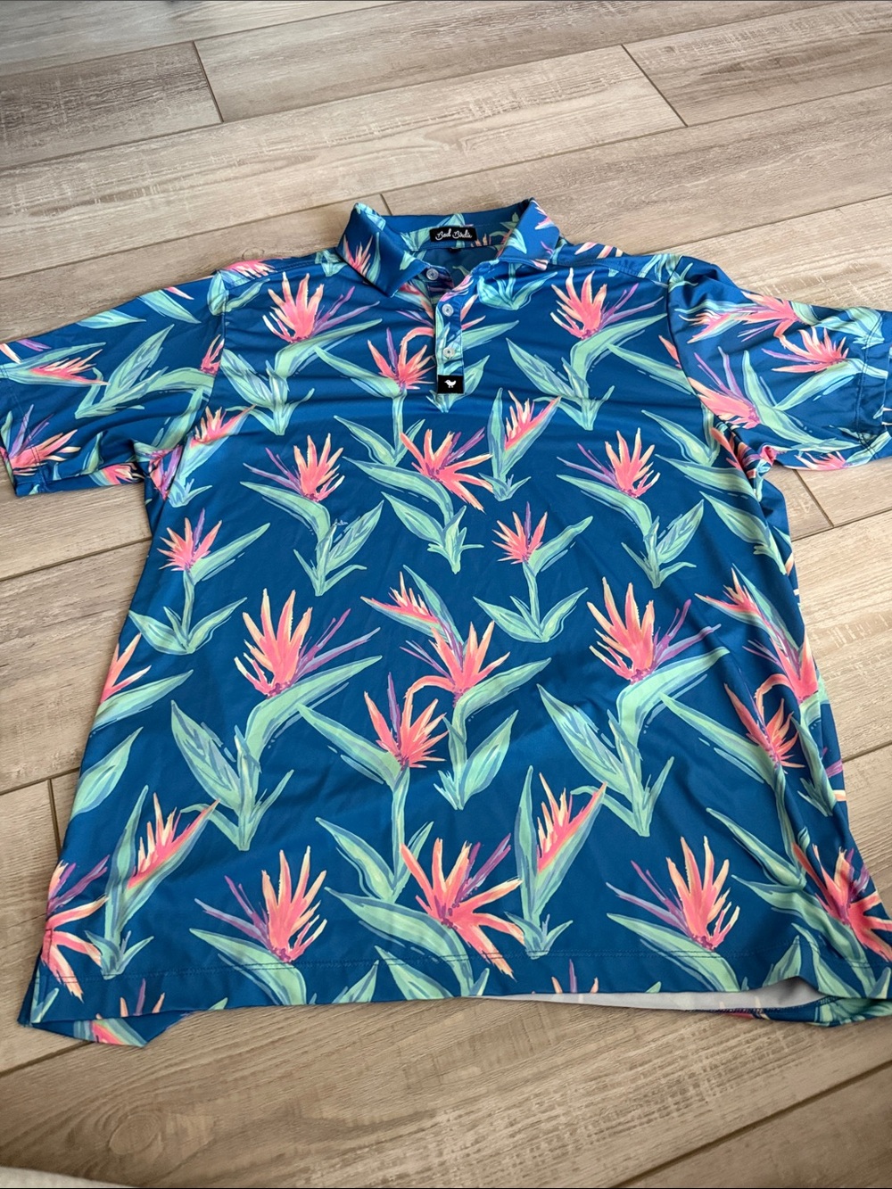 Bad Birdie Teal Blue Tropical Floral Polo